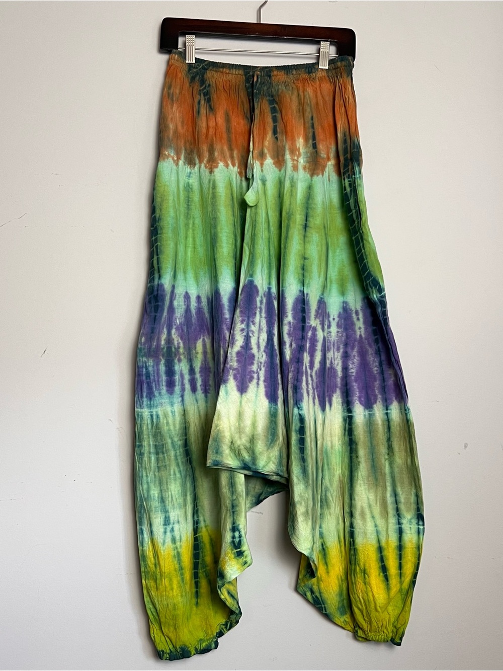 Vintage Tie-Dye Harem Festival Pants in Orange, Green, Purple & Yellow